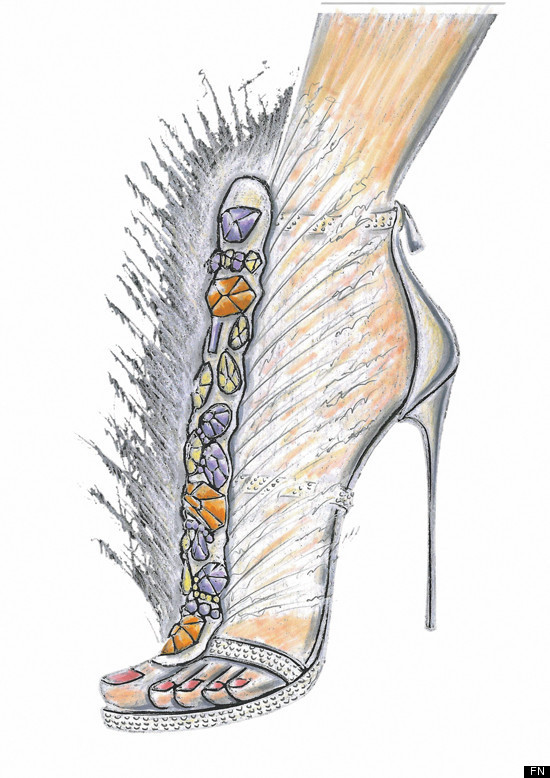 a sketch of a shoe with gem stones on the front and a stilleto heel Princess Catherine's wedding shoes