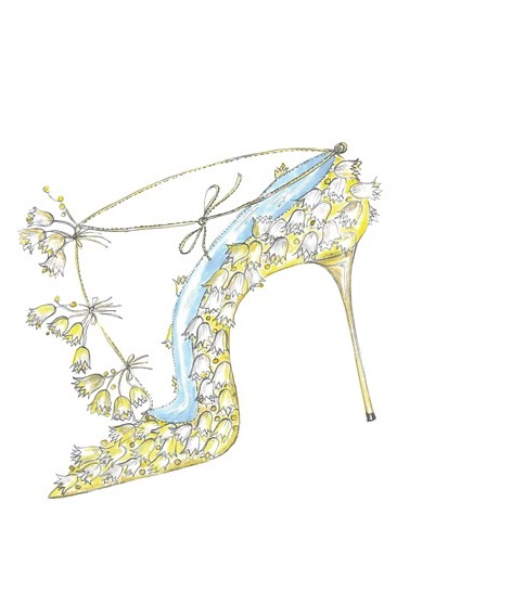 a sketch of lemon and blue ladies high fashion shoe