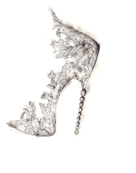 a sketch of a shoe covered in feathers Princess Catherine's wedding shoes