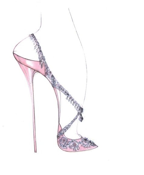 a sketch of a shoe on pink and a stilleto heel Princess Catherine's wedding shoes