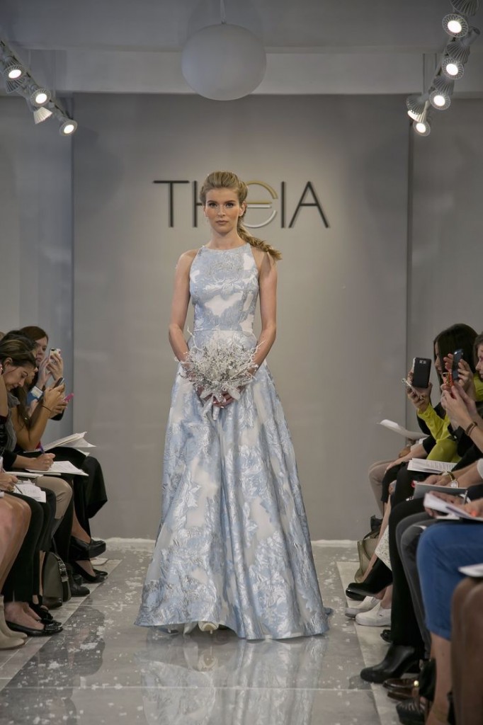 Soft blue brocade wedding gown 
