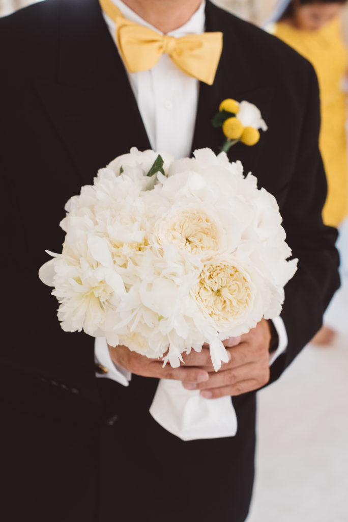white hydrangea and David Austin rose bride's bouquet with yellow accents wedding