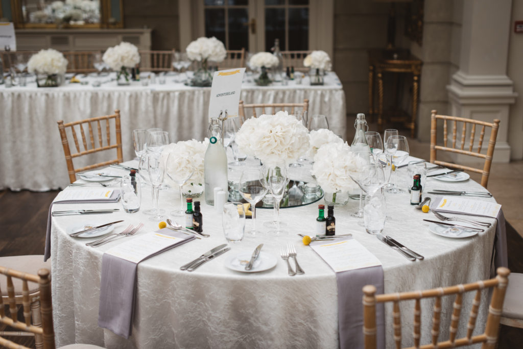 white, gray grey and yellow wedding table