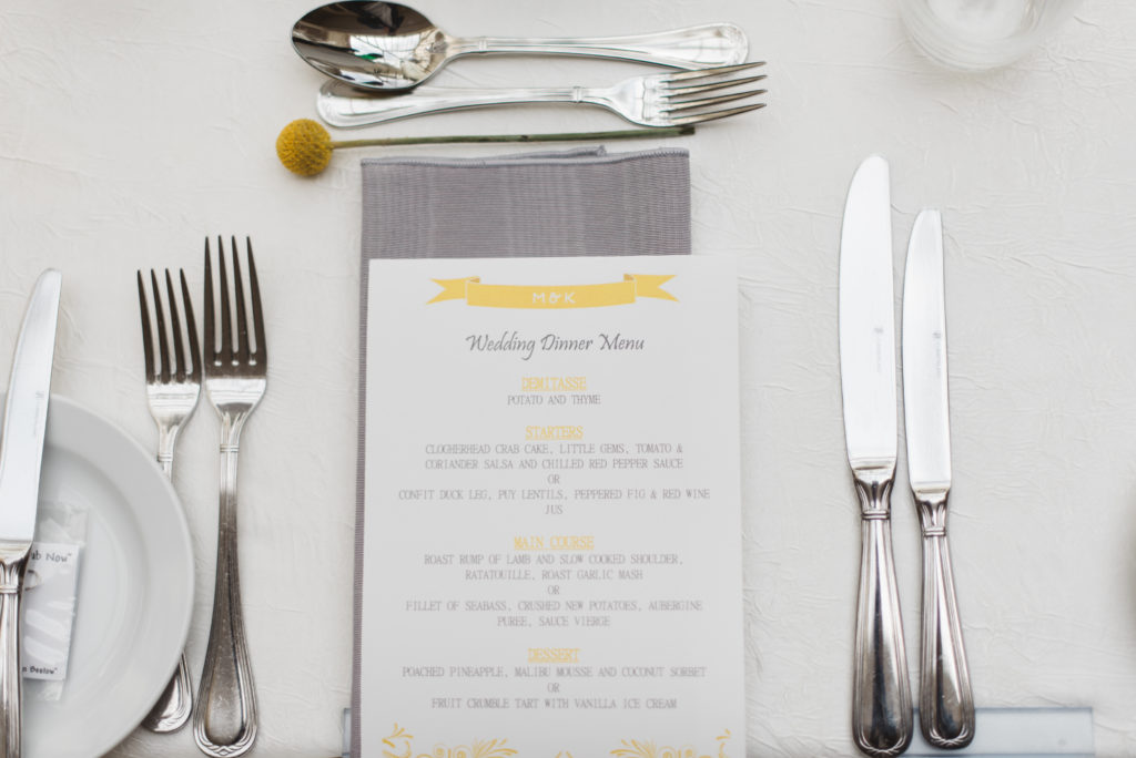 yellow and gray grey wedding menus