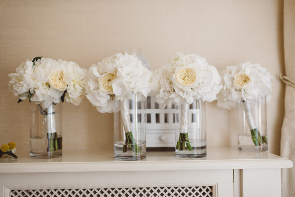 white hydrangea and David Austin rose bouquets bride's bouquet