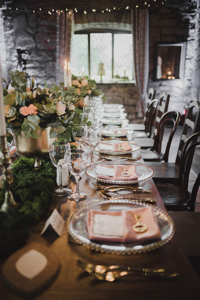 fairy tale Irish castle destination wedding moss blush gold table scape wedding decor