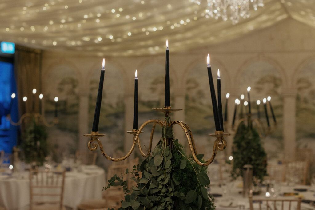 a timeless and elegant day at Bellinter house the tables all laid out for the dinner with candles and place settings