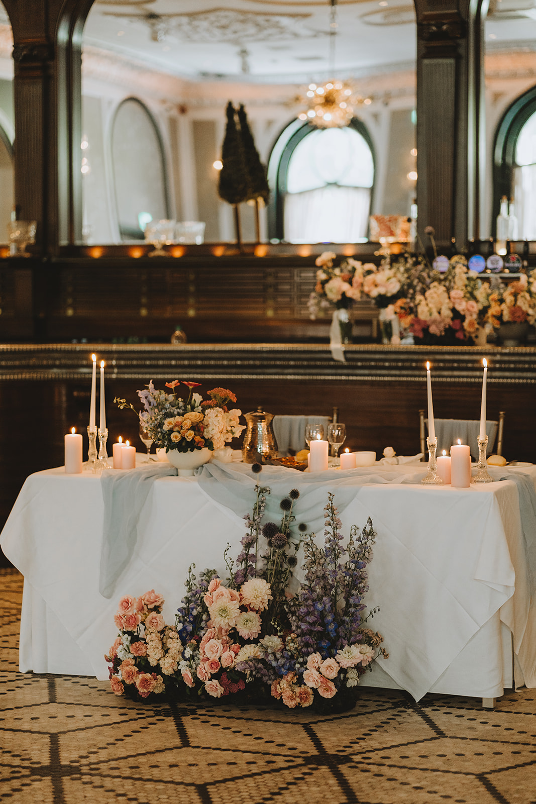 a closer shot of the top table for the bridal couple in langtons kilkenney